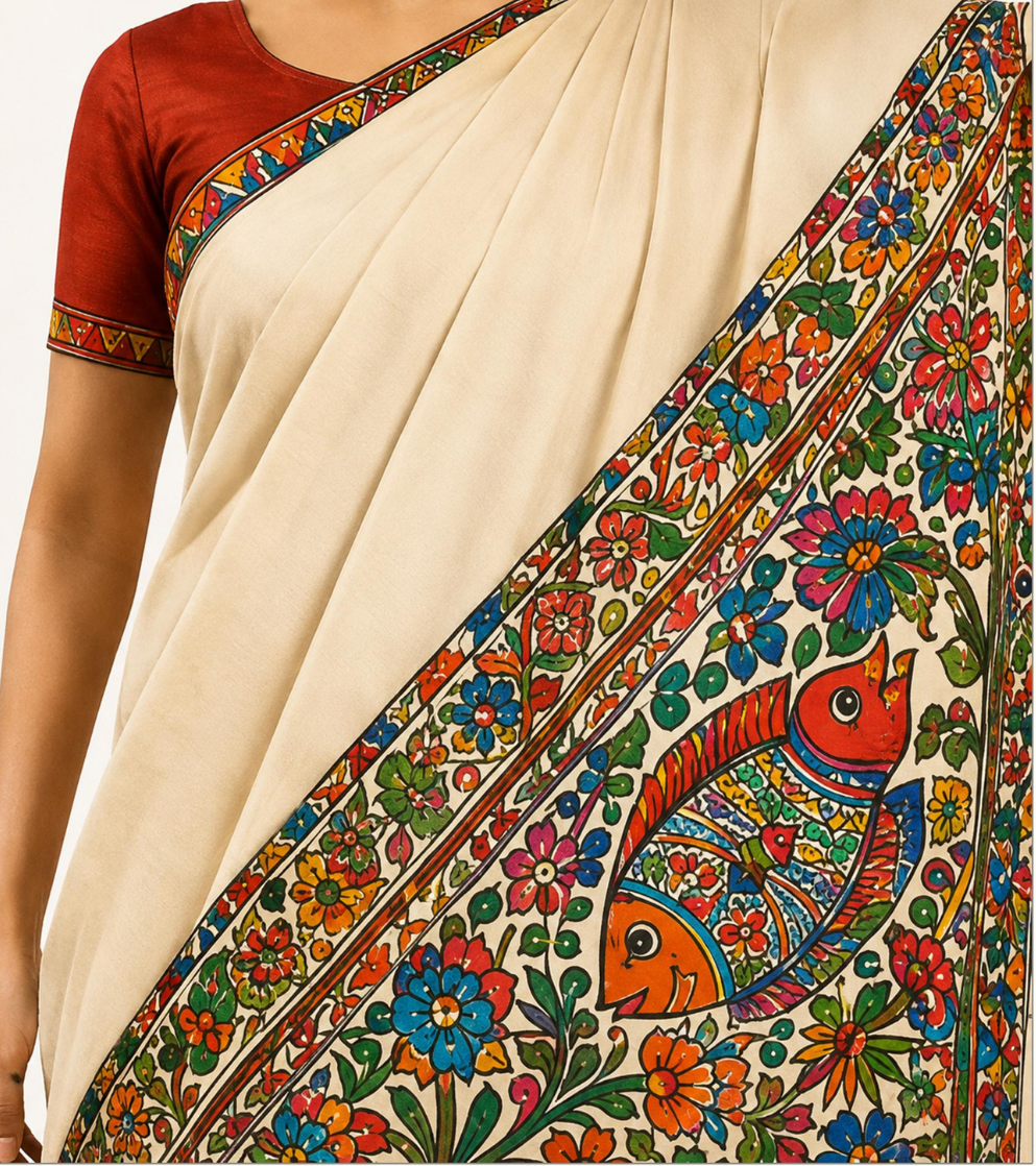 Madhubani painted saree by Project Hunar artisans
